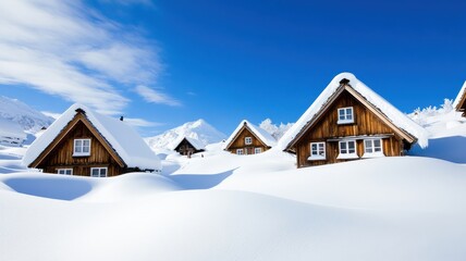 Cozy wooden houses covered in fresh, thick snow under blue sky.