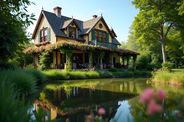 Fototapeta premium Serene Yellow Country House Reflecting in Tranquil Pond