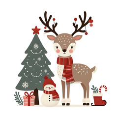 Fototapeta premium Beautiful Christmas Deer cartoon with olaf tree gift box and sock