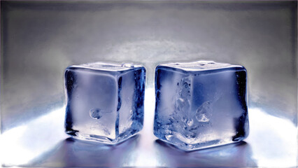 Obraz premium Two translucent ice cubes on a dark reflective surface.