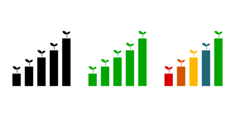 icon chart or bar chart with growing shoots, in different colors