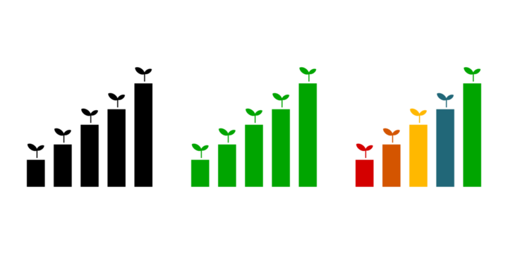 icon chart or bar chart with growing shoots, in different colors