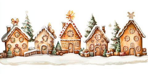 A whimsical scene of gingerbread houses adorned with festive decorations and surrounded by snowy trees, perfect for holiday cheer.