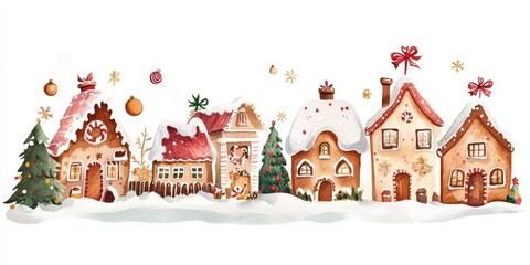 Fototapeta premium A whimsical winter scene featuring charming gingerbread houses adorned with candy, surrounded by snow and festive decorations.