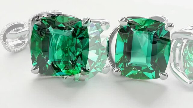 Shiny diamond earrings with emeralds on white background, 4K hyperrealistic Video