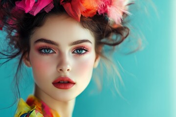 Naklejka premium Beautiful Woman with Flower Crown Makeup Teal Background