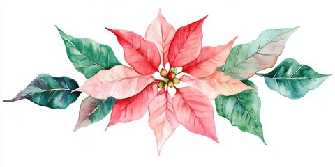 Fototapeta premium A vibrant watercolor illustration of a poinsettia flower with pink and green leaves, perfect for holiday decor and seasonal designs.