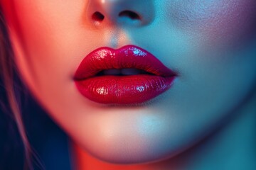 Obraz premium Close up Red Lips Beauty Makeup Fashion Cosmetics Glamour Sensual Woman Face Skin Portrait Red