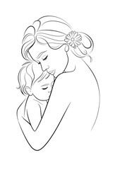 Line drawing of a mother embracing her newborn baby, symbolizing love, warmth and protection on a white background in minimalistic style .