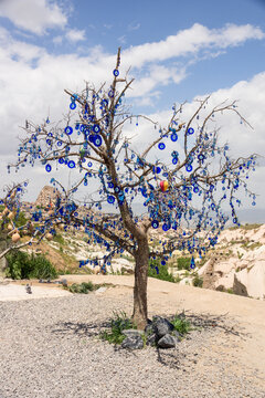 Tree with Evil Eye Protection charms, Cappadocia, Turkey