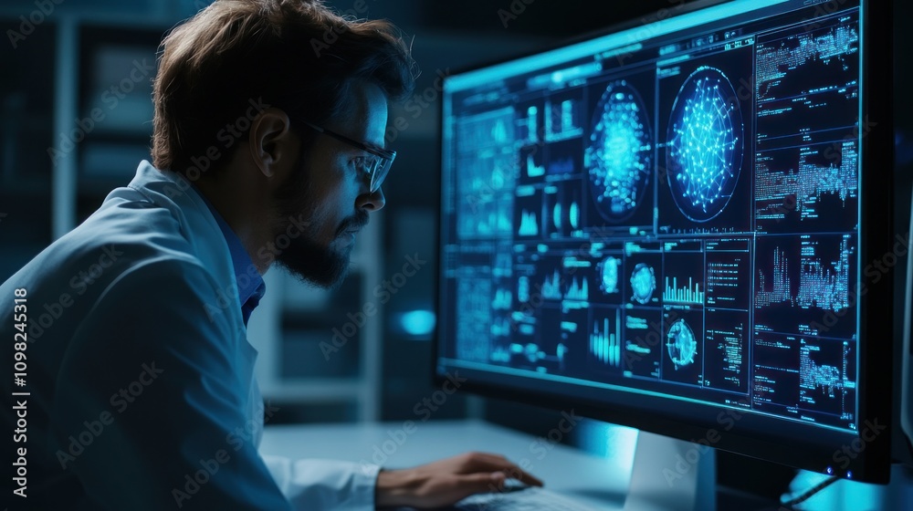 Poster a scientist analyzes data on a computer screen in a laboratory setting.