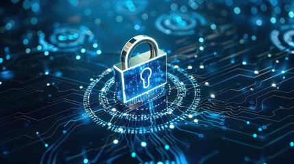 A digital padlock symbolizing cybersecurity and data protection amidst a tech-themed background.
