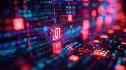 Obraz premium Abstract digital representation of cybersecurity with locks and binary code.