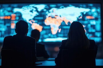 A group of people watches a digital world map on a large screen, emphasizing global connectivity and data analysis in a collaborative environment.
