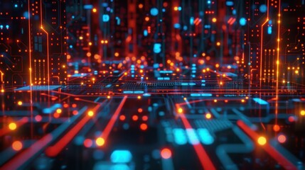 Fototapeta premium Abstract digital landscape with glowing circuits and data nodes.