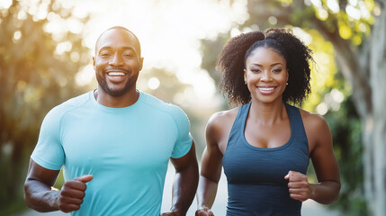 Middle-Aged African American Couple Jogging Together in the Morning