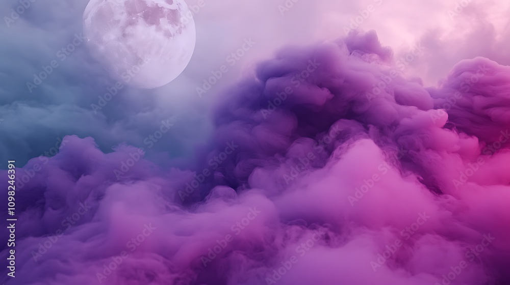 Wall mural Intricate plumes of violet purple smoke flowing into gradients of fuchsia pink, set against a softly textured moonlit sky canvas.