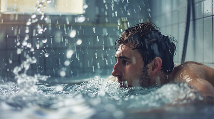 Young man dealing with water leakage from neighbors.