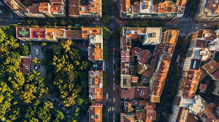 Fototapeta premium An aerial view of a sprawling urban area with a mix of old and new buildings.