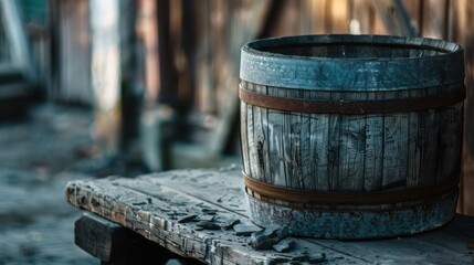 Naklejka premium A rustic wooden barrel sits on a weathered table, evoking a sense of nostalgia and craftsmanship.
