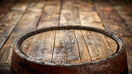 Fototapeta premium A rustic wooden barrel top on a textured wooden surface, ideal for a vintage or bar setting.