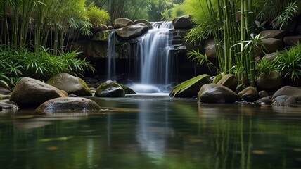 Here's a description and keywords for your image.. Serene waterfall cascading over mossy rocks into a tranquil pool, surrounded by lush bamboo and tropical plants.