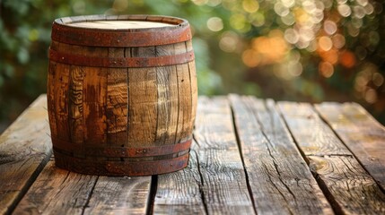 Naklejka premium A rustic wooden barrel sits on a weathered table, surrounded by a blurred natural background.