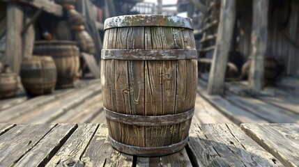 Naklejka premium A weathered wooden barrel on a rustic wooden surface, suggesting storage or aging of goods.