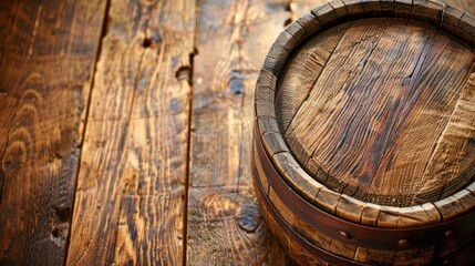 Fototapeta premium A wooden barrel rests on a rustic wooden surface, evoking a vintage feel.