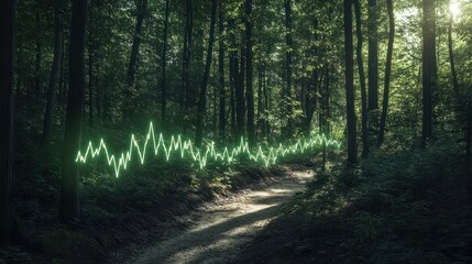 Fototapeta premium Forest path with an abstract sound wave overlay.
