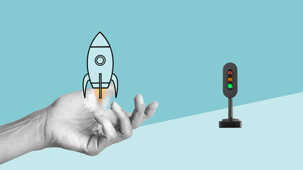 Let's get started is shown by rocket launch. Startup and creativity