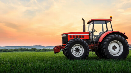 Agriculture Debt Concept, Red Tractor in Field During Sunrise with Clear Sky Background