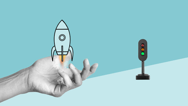 Let's get started is shown by rocket launch. Startup and creativity