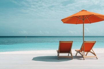 beach vacation vibes, beach chairs and vibrant umbrellas on a sunny shore, exuding a perfect summer retreat atmosphere