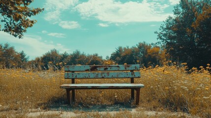 Obraz premium Rustic Bench in a Serene Meadow