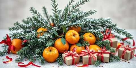 A Festive Arrangement of Evergreen Branches Adorned with Oranges and Wrapped Gifts, Resting on a Snowy Surface
