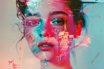 A woman's face is blurred and distorted, with a pinkish hue