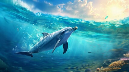 Fototapeta premium Playful dolphins swimming in vibrant ocean waters 