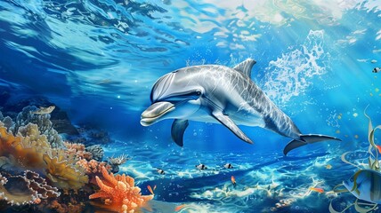 Fototapeta premium Playful dolphins swimming in vibrant ocean waters 