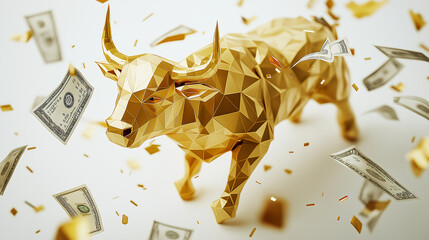 golden bull with dollar notes flying around