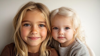 Two adorable sisters smile warmly, showcasing the bond of childhood with genuine affection