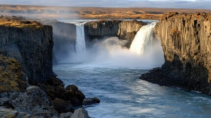 Majestic Hengifoss Waterfall in Iceland: A Breathtaking Cascade Plunging from Basalt Cliffs