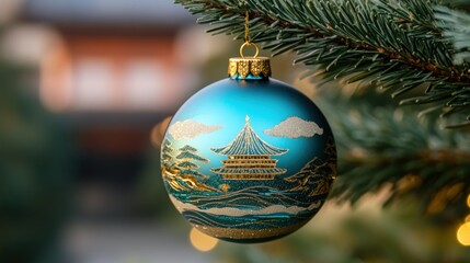 Teal Christmas ornament with Asian temple design hanging on a pine branch.
