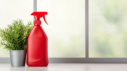 Obraz premium A vibrant red spray bottle stands beside a small potted plant, set against a softly lit window backdrop, evoking a clean and fresh atmosphere.