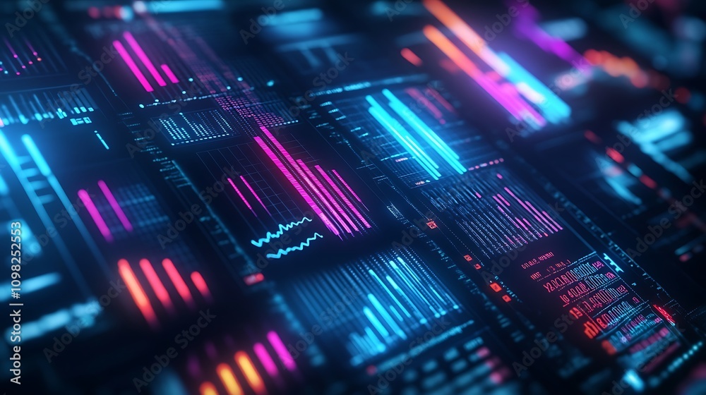 Poster abstract digital data visualization with vibrant colors and graphs.