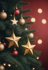 Fototapeta premium Christmas tree with gold star ornaments and red background