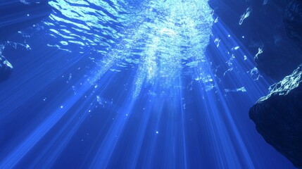 Underwater scene with sunlight filtering through water, creating a serene atmosphere.