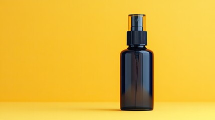 Naklejka premium A sleek dark glass spray bottle shines against a bright yellow backdrop, exuding elegance