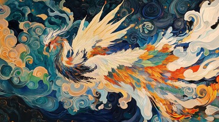 Obraz premium Phoenix Soaring Through Celestial Clouds: A Vivid Masterpiece of Artistic Expression
