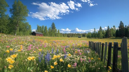 Obraz premium Serene Summer Meadow Landscape: Vibrant Wildflowers and Rustic Barn